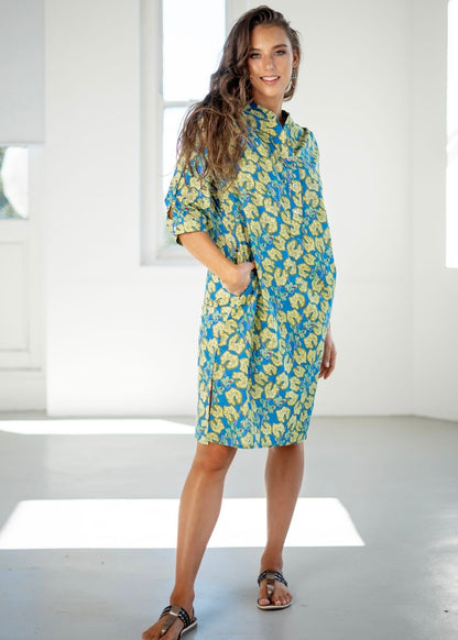 Mandarin Collar Dress in Blue and Olive Leaves