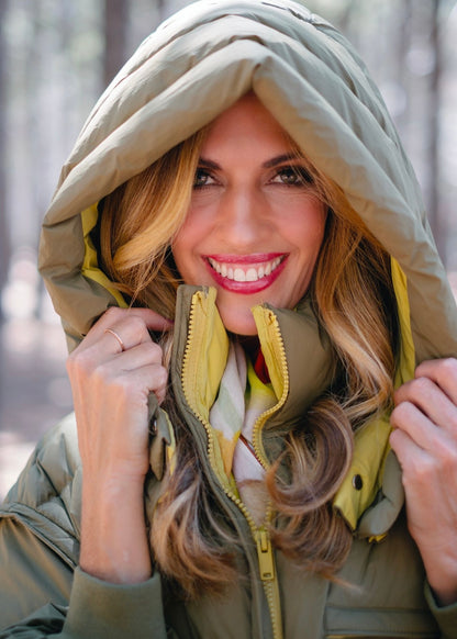 Long length down puffer jacket in Khaki with Mustard inner