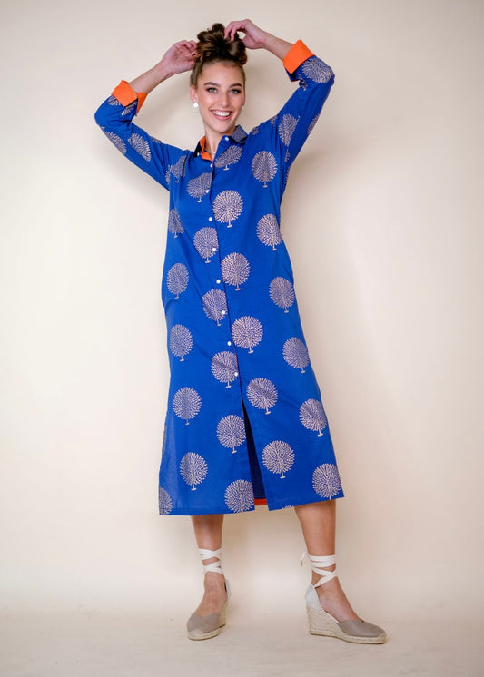 Emma dress in Blue with Gold Trees and Orange contrast