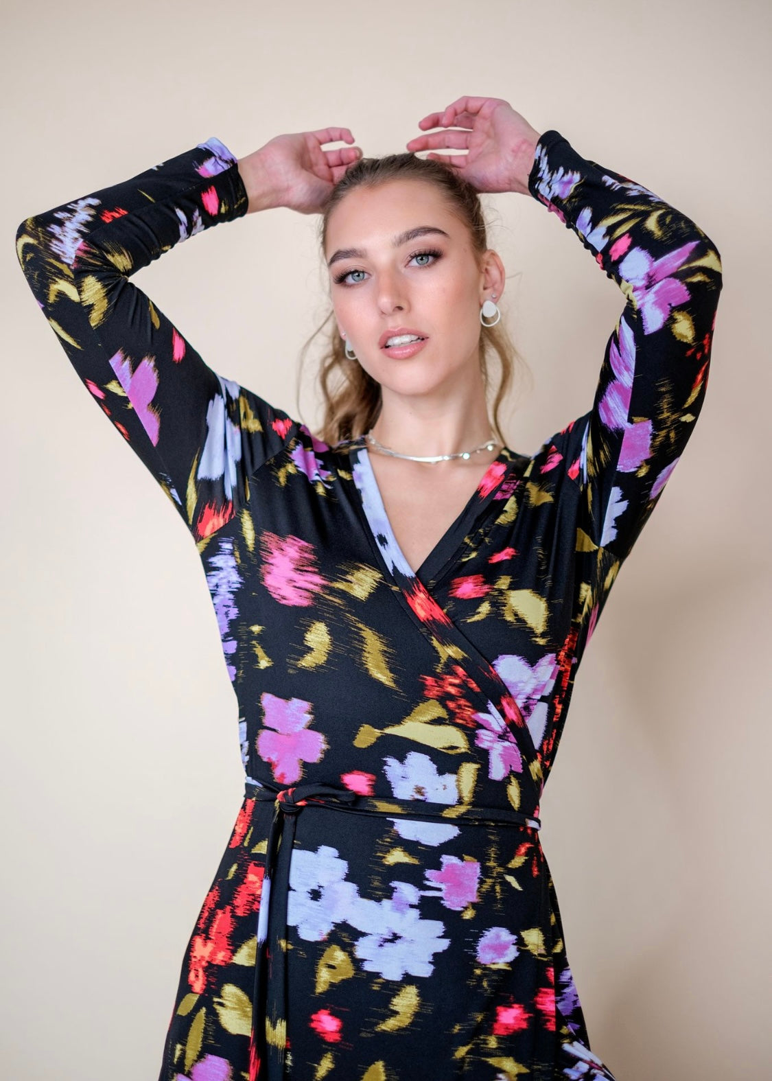 Maxi wrap dress, Black with Flowers