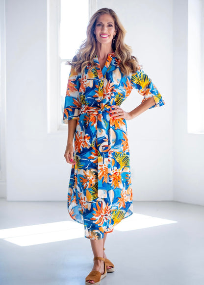 Fergie Cuffed Sleeve Dress in Blue & coral floral