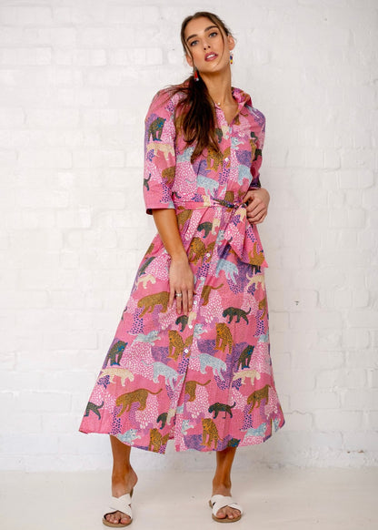Betty Button dress, Pink Leopard