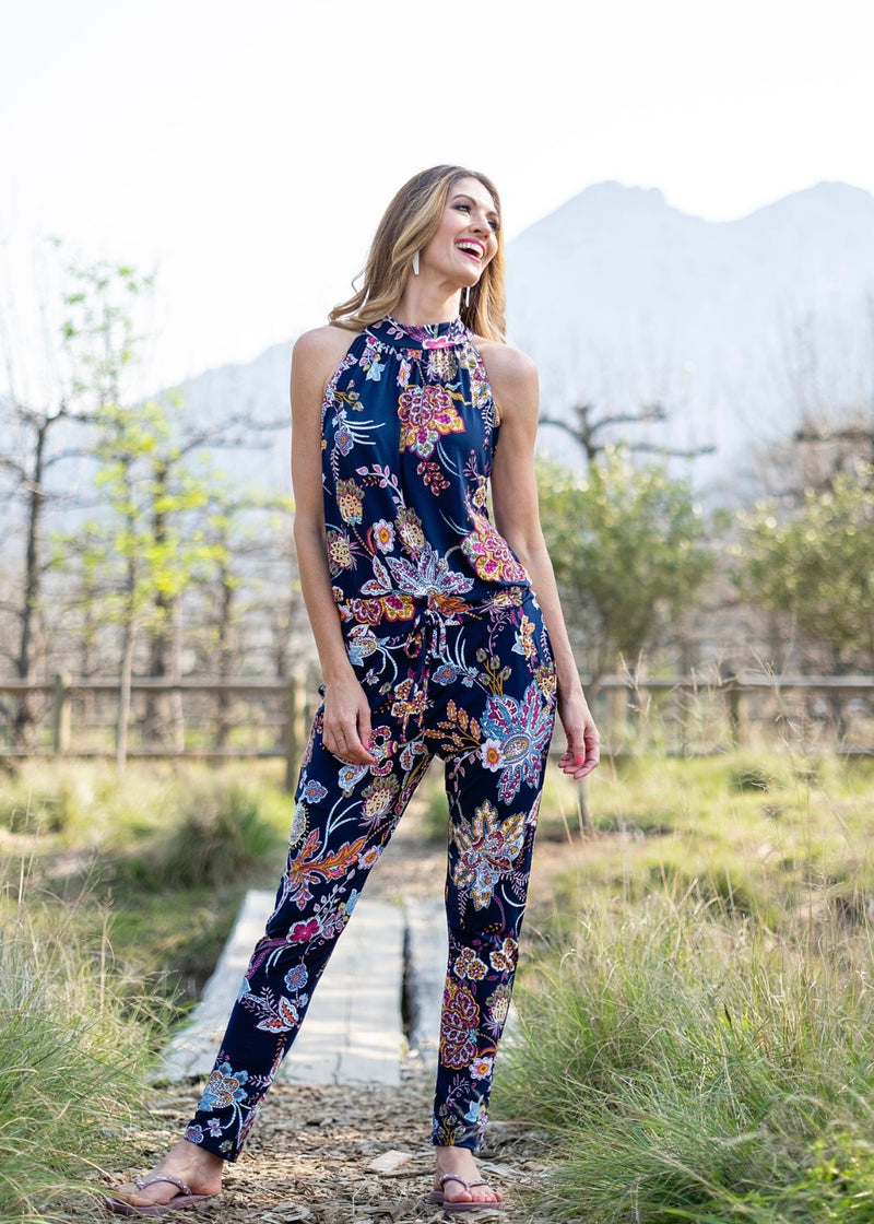 Halterneck jumpsuit, Navy with embossed floral