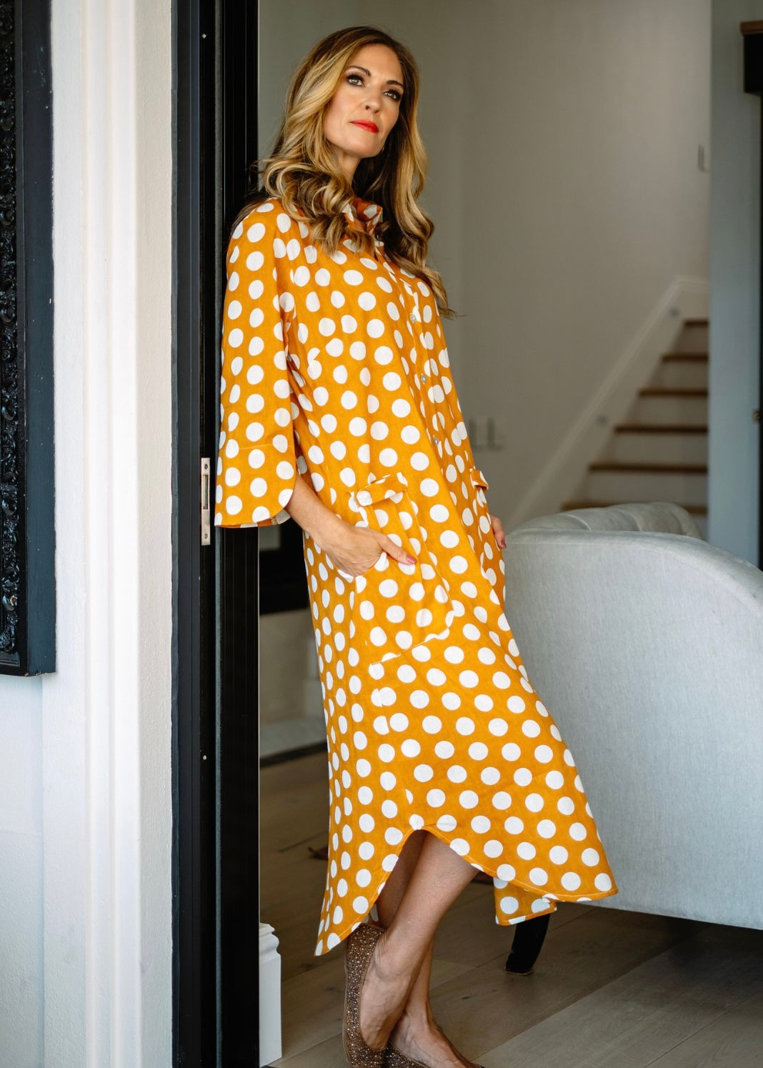Tinos dress in Mustard polkadots
