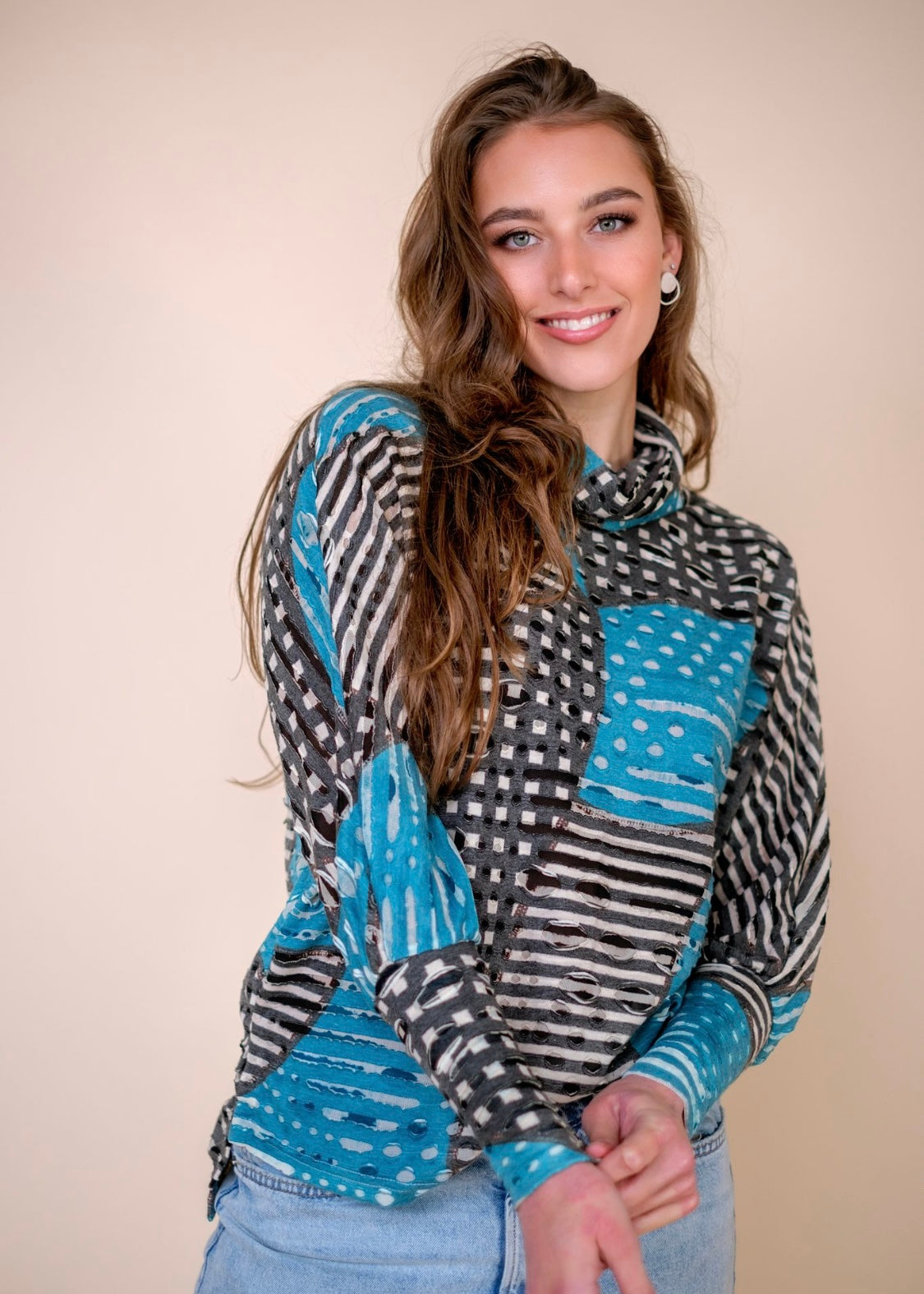 Cosy Cowl Neck Top Turquoise and Black