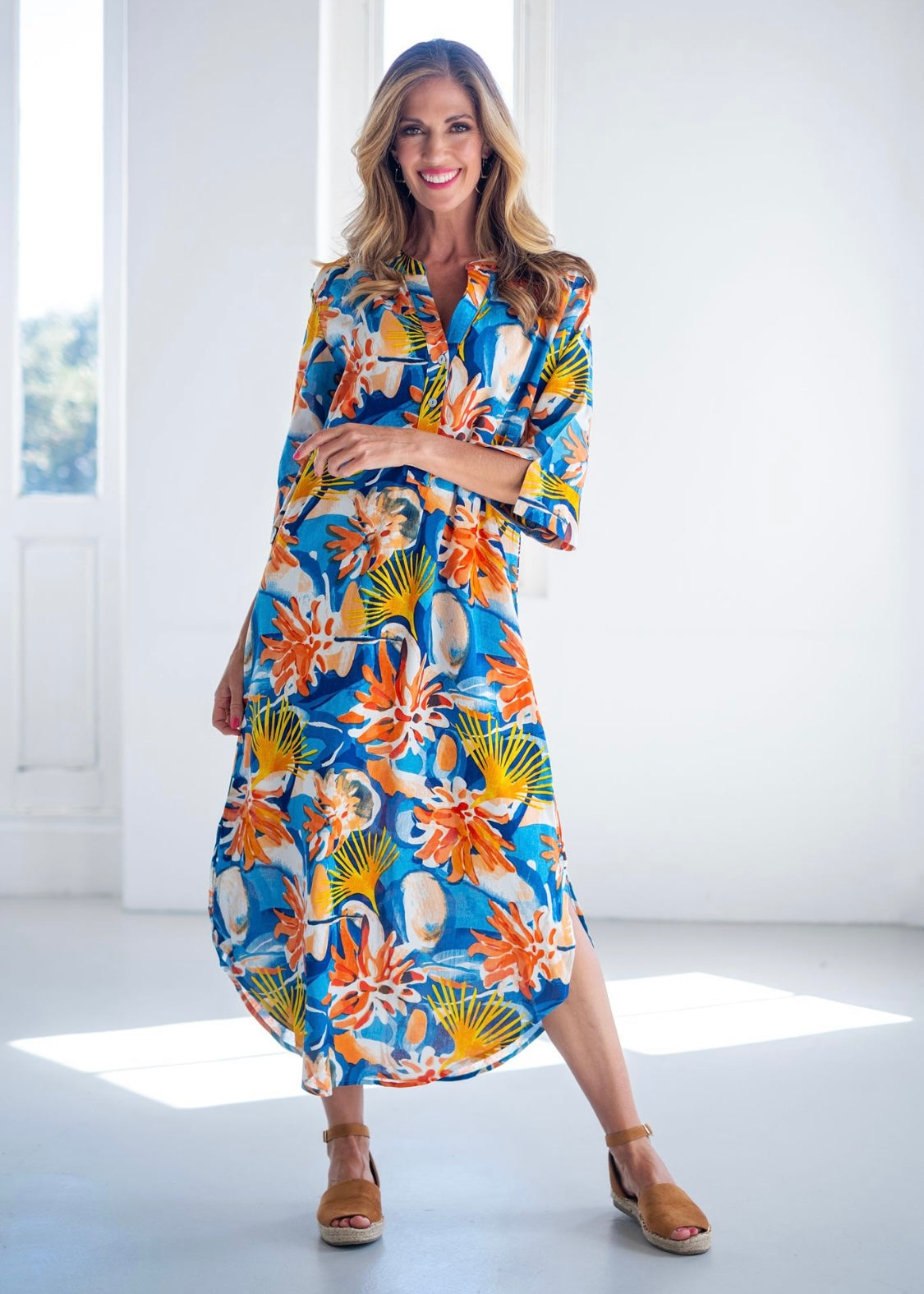 Fergie Cuffed Sleeve Dress in Blue & coral floral
