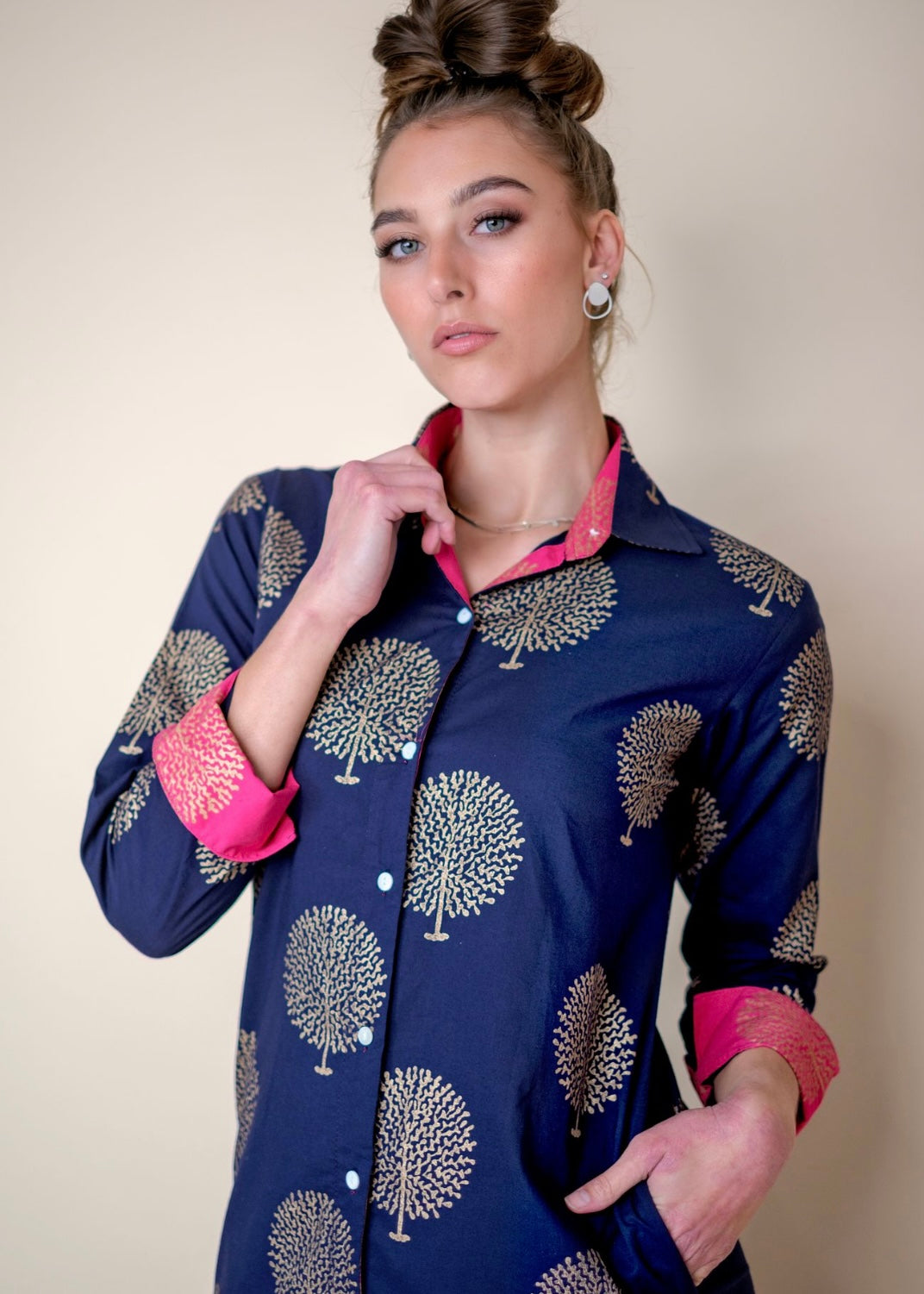 Emma dress in Blue with Gold Trees and PINK contrast