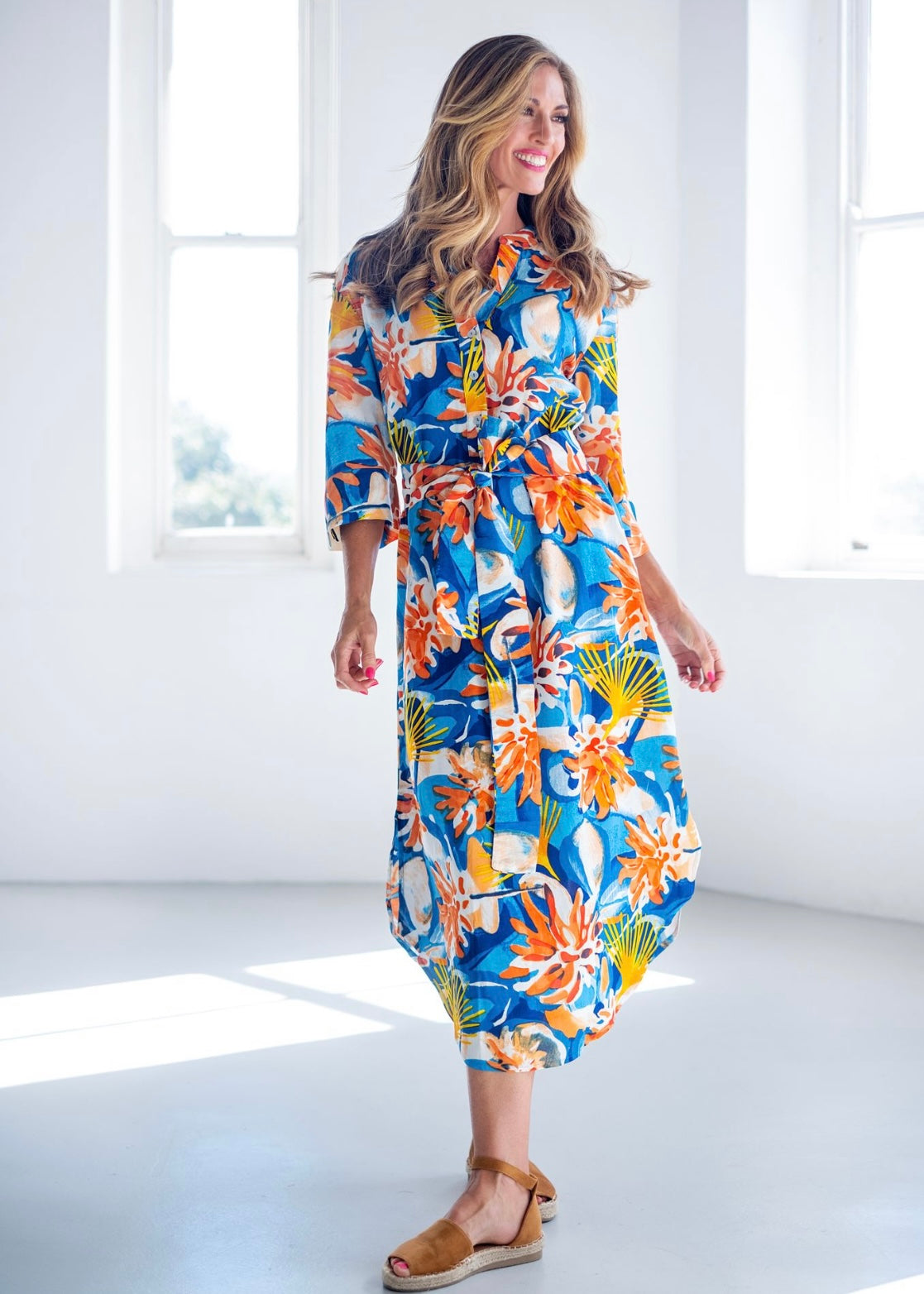 Fergie Cuffed Sleeve Dress in Blue & coral floral