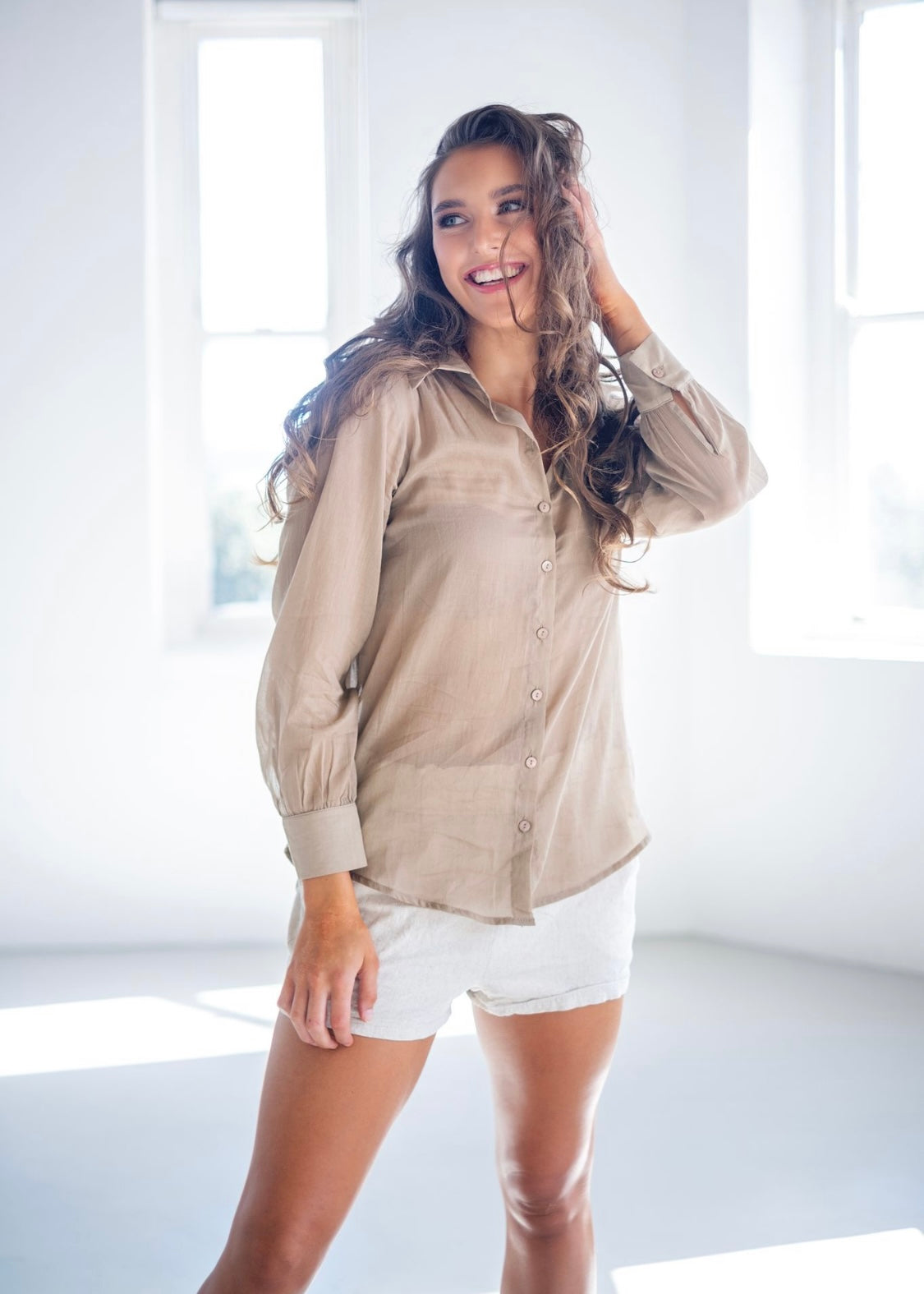 Button down blouse in Stone