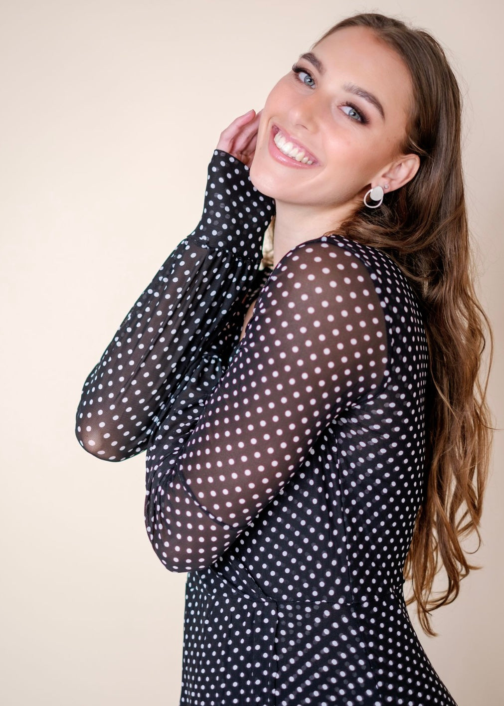 Asymmetrical wrap dress, black & white polkadots