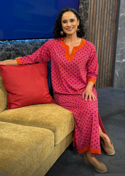 Princess Tunic dress in Magenta with burnt orange contrast