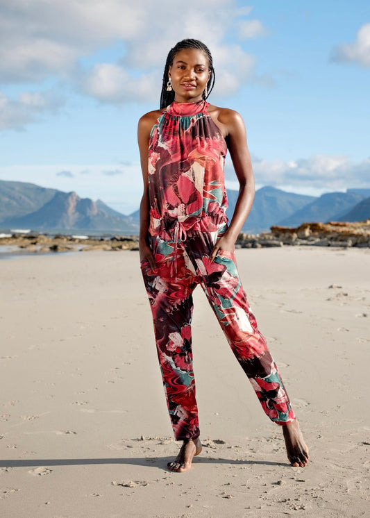 Halterneck jumpsuit, Burgundy and Pink Narrow Leg