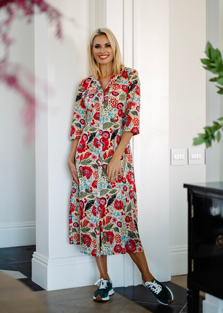 Betty Button dress, Red and Pink Floral