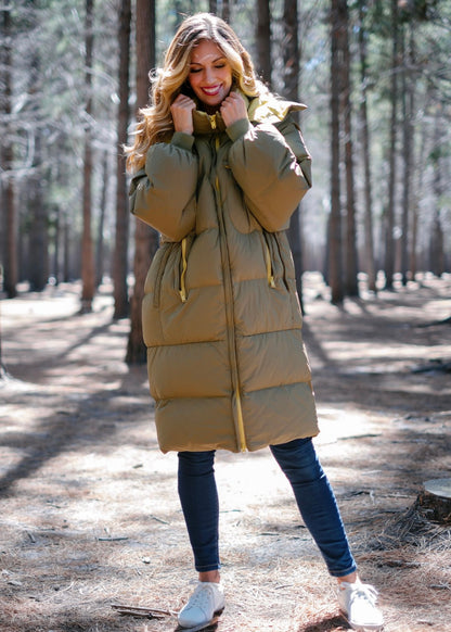 Long length down puffer jacket in Khaki with Mustard inner