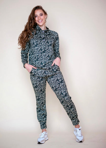 Terry Cuffed Pants, Black and Emerald Leaves