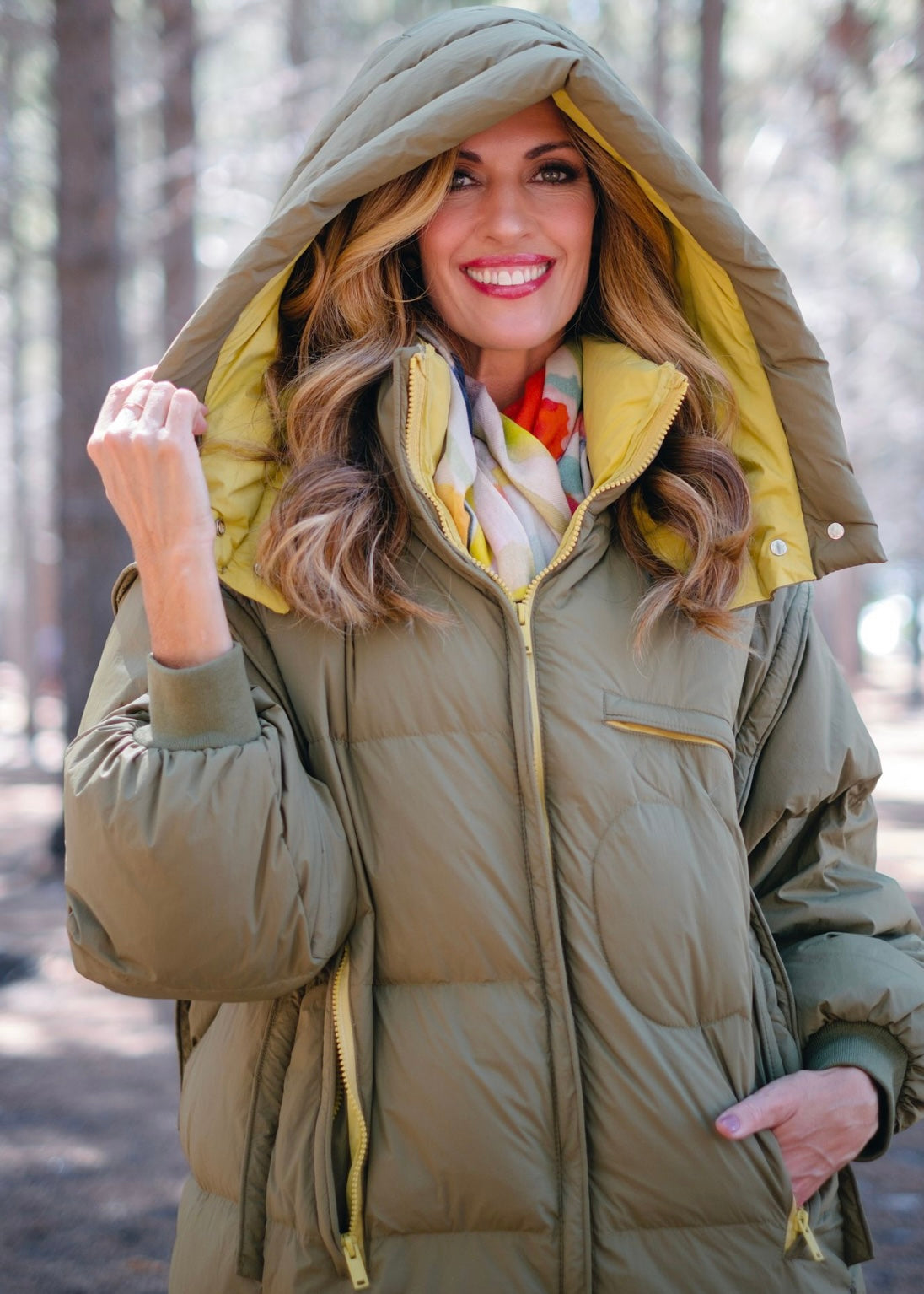 Long length down puffer jacket in Khaki with Mustard inner