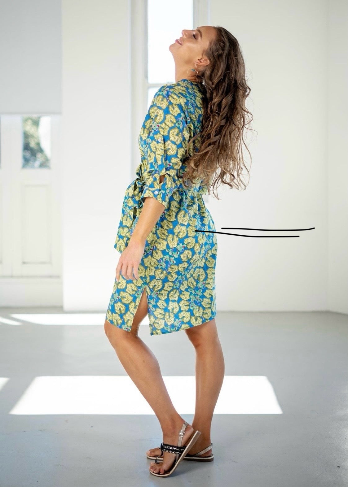Mandarin Collar Dress in Blue and Olive Leaves