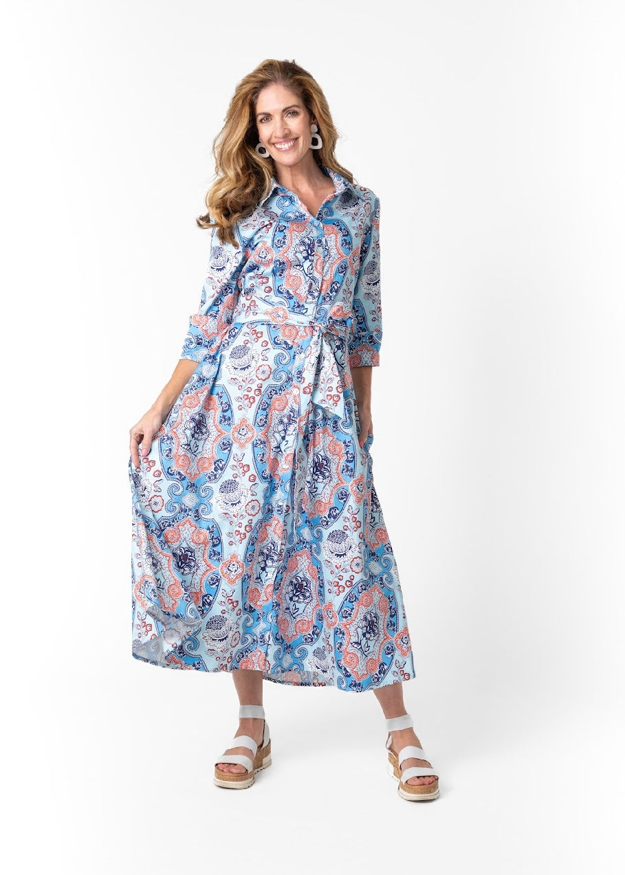 J-LO Dress, Blues with orange paisley