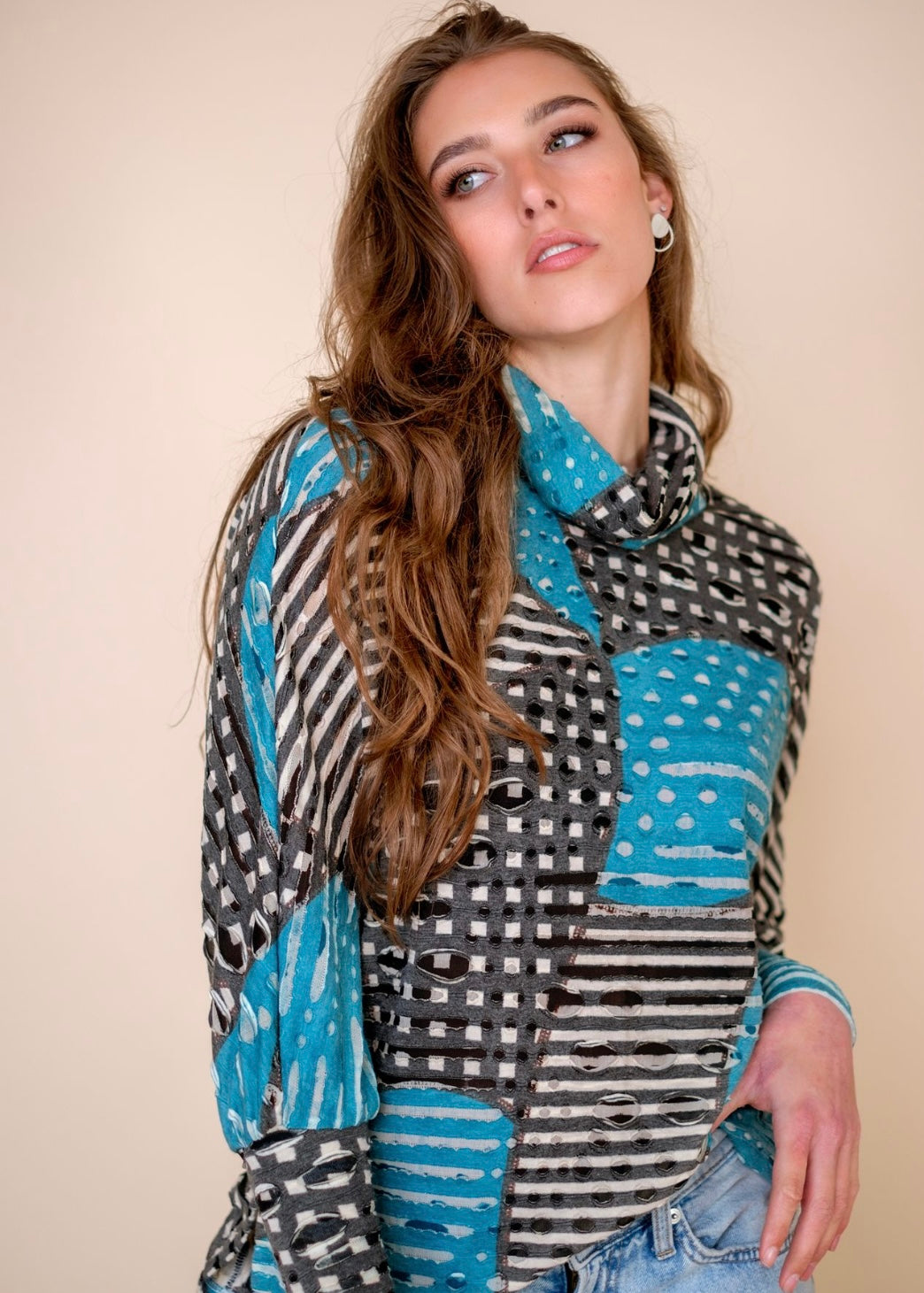 Cosy Cowl Neck Top Turquoise and Black