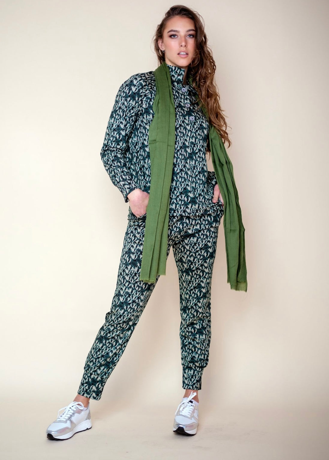 Terry Cuffed Pants, Black and Emerald Leaves