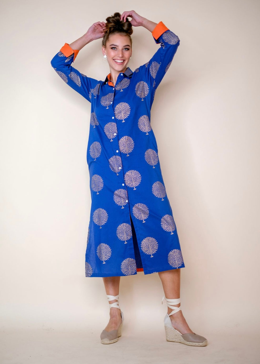 Emma dress in Blue with Gold Trees and PINK contrast