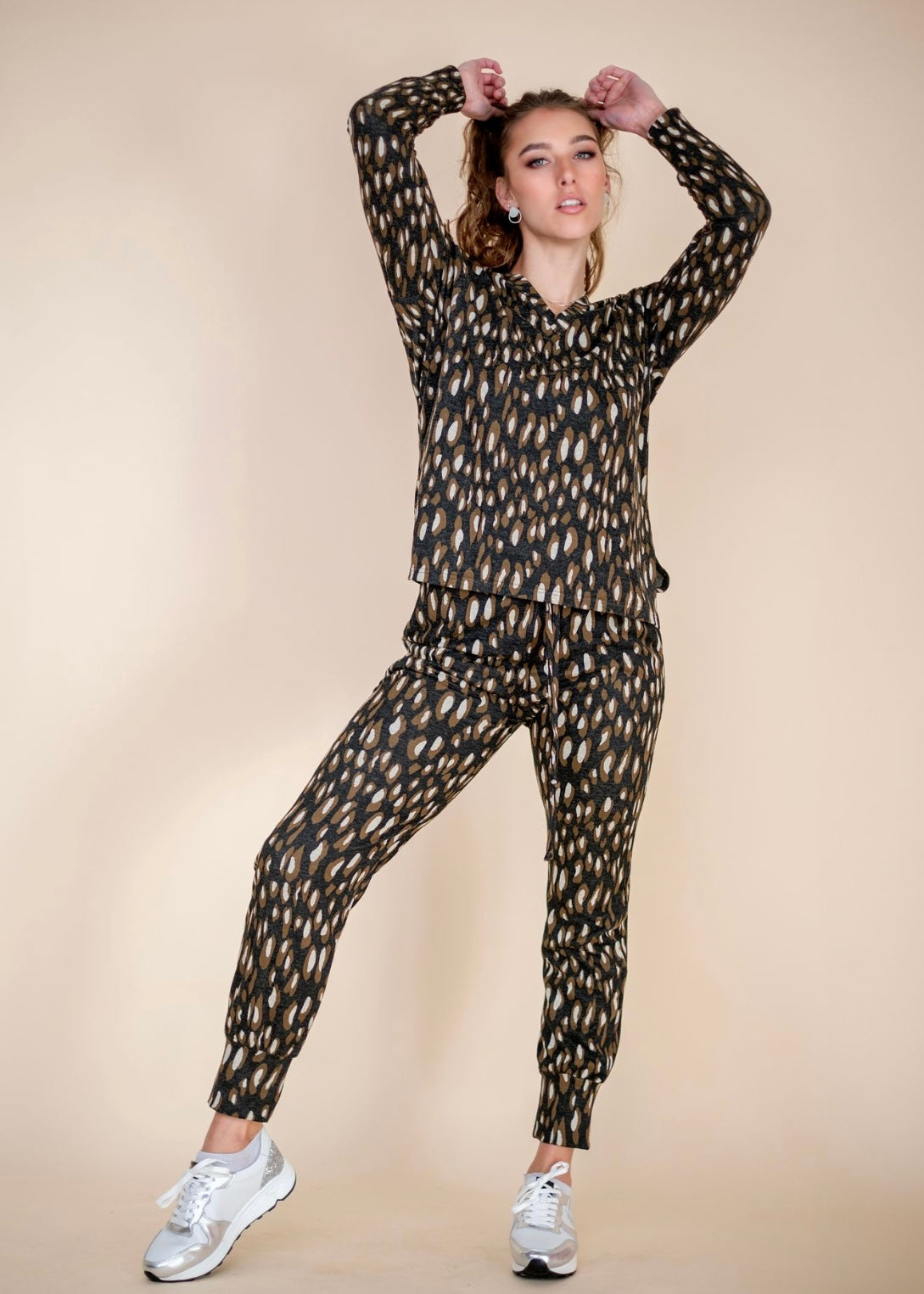 Terry Cuffed Pants,  Brown Animal Print
