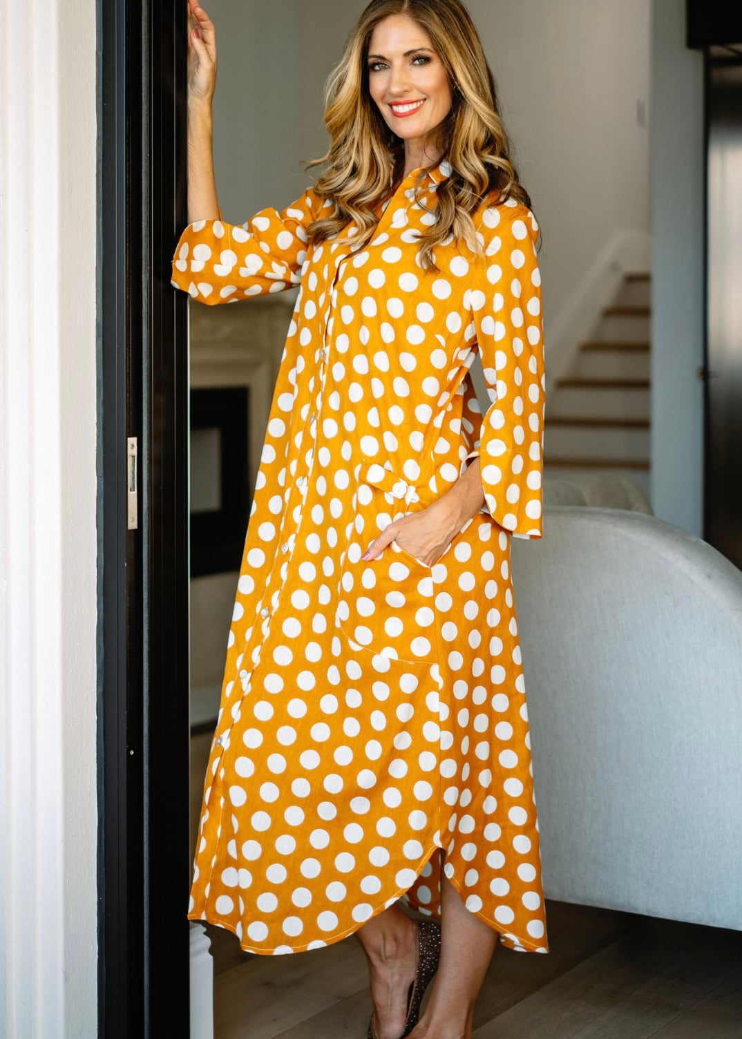 Tinos dress in Mustard polkadots