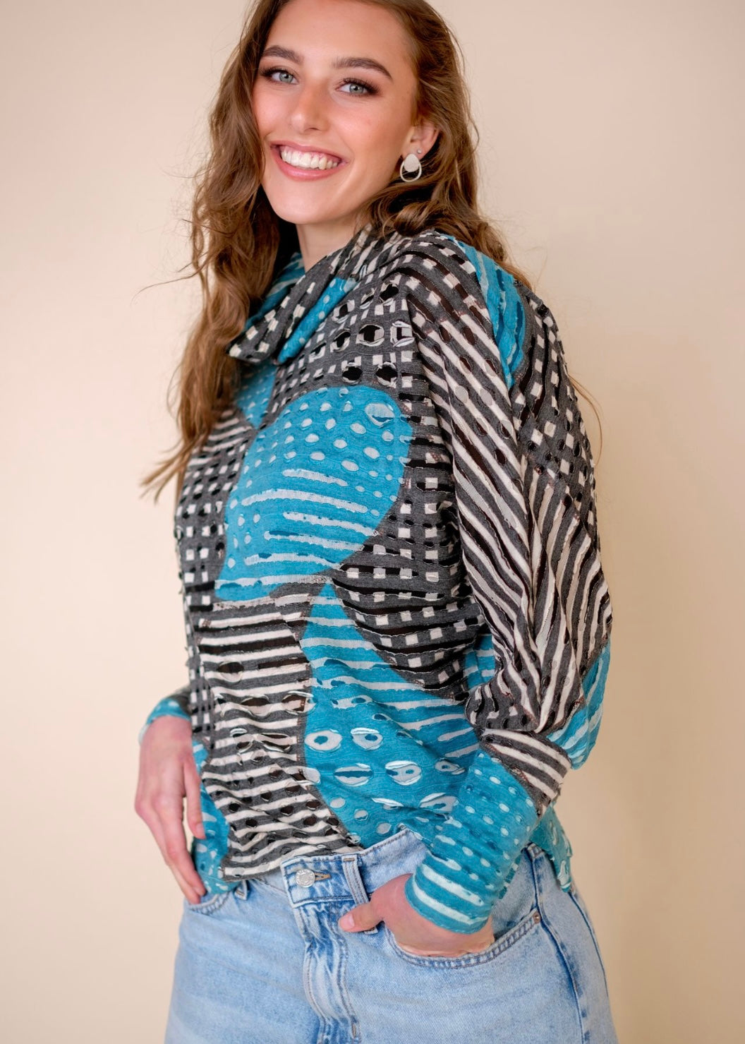 Cosy Cowl Neck Top Turquoise and Black