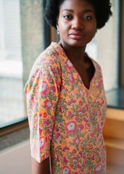 V-neck tunic, Soft orange floral