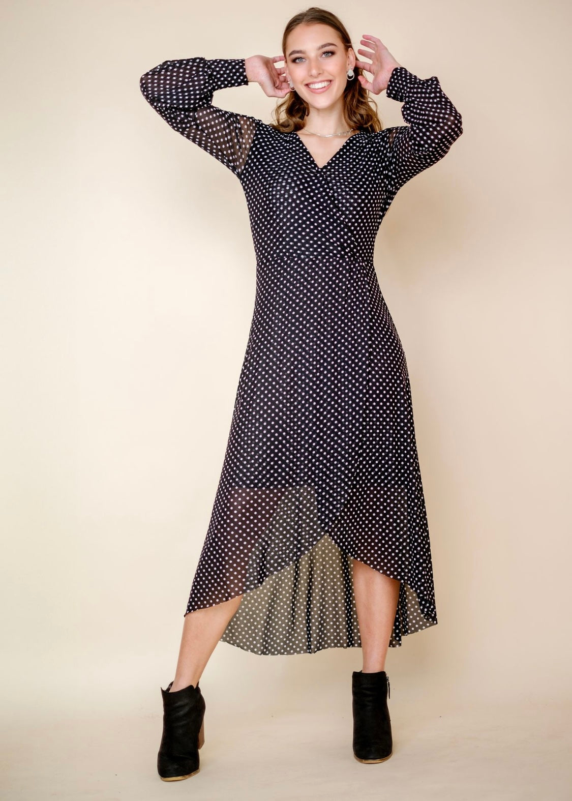 Asymmetrical wrap dress, black & white polkadots