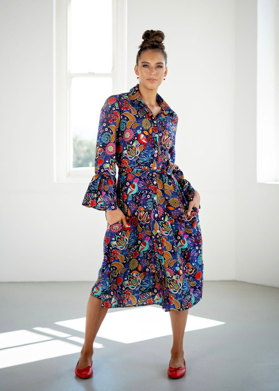Jewel Dress, Blue with red birds