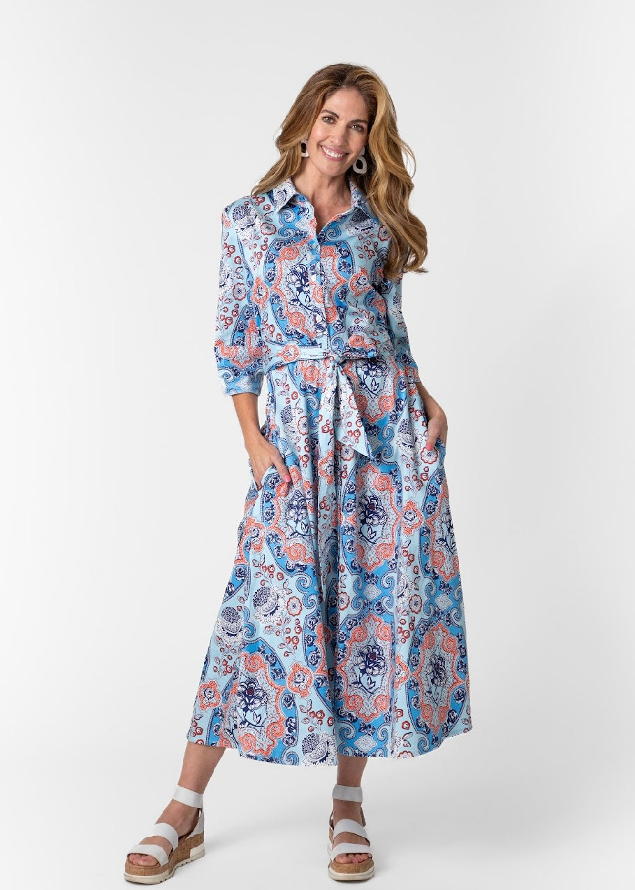 J-LO Dress, Blues with orange paisley