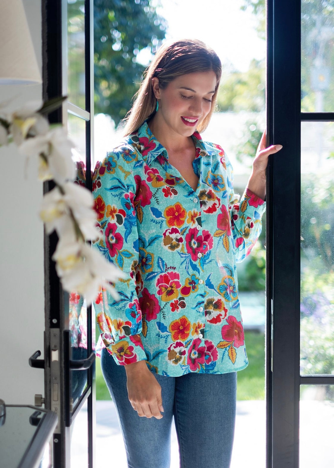 Button down blouse in Turquoise floral