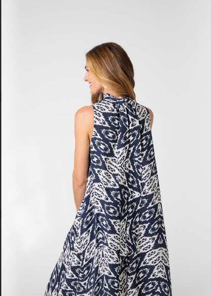 High Neck Tie dress, Navy & white Ikat