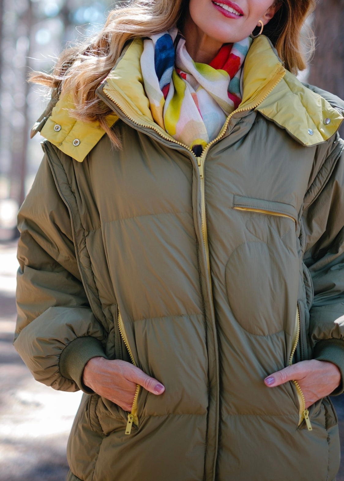 Long length down puffer jacket in Khaki with Mustard inner