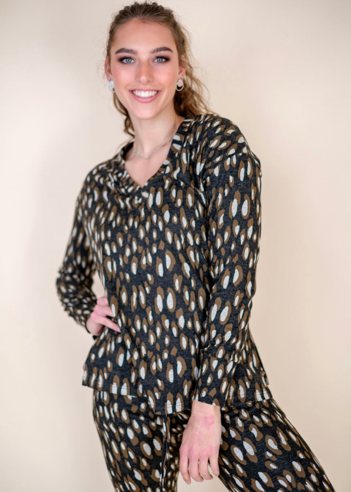 Terry Cuffed Pants,  Brown Animal Print