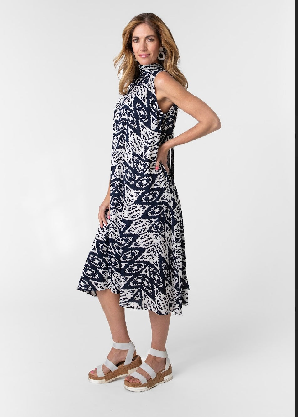High Neck Tie dress, Navy & white Ikat