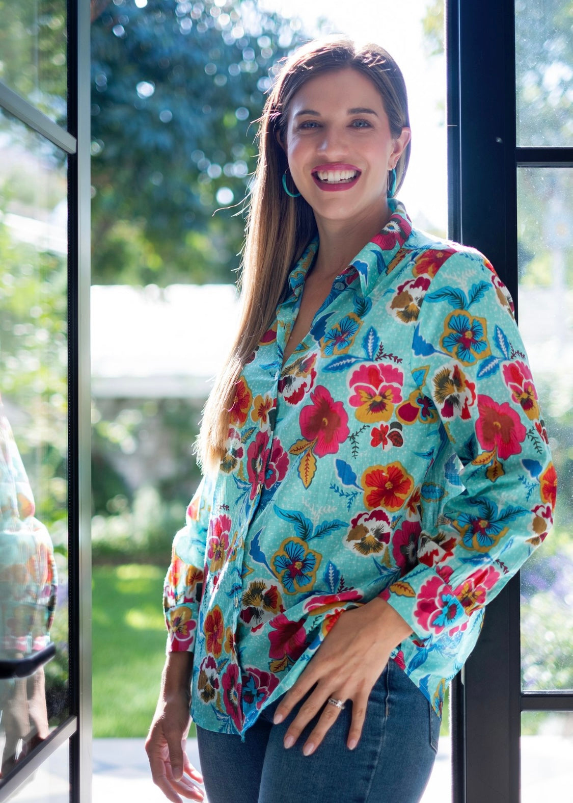 Button down blouse in Turquoise floral