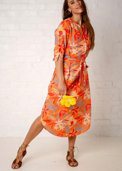 Fergie Cuffed Sleeve Dress in Coral Garden