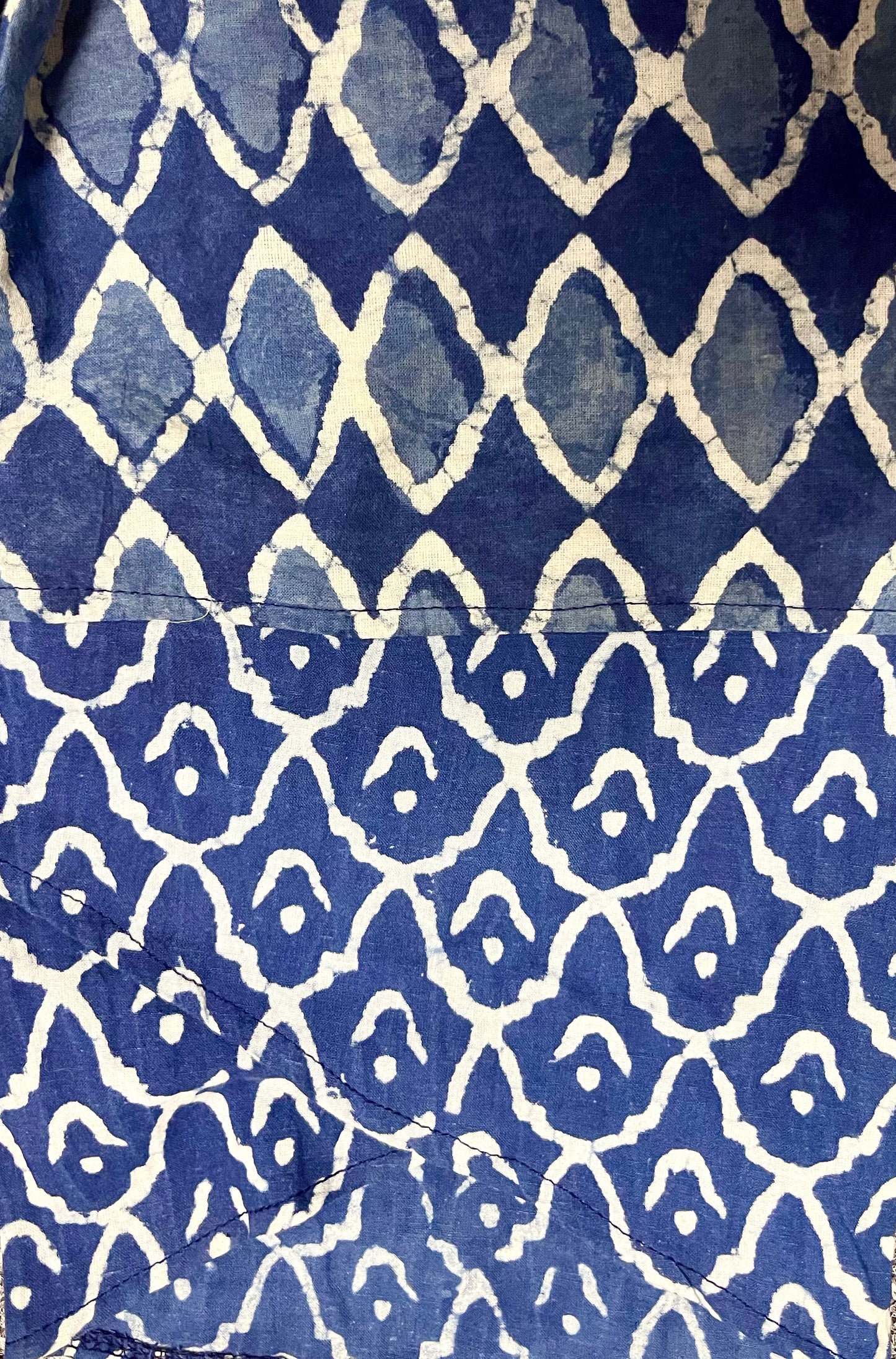 Pull on pants, Indigo & white diamonds with calf contrast