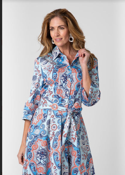 J-LO Dress, Blues with orange paisley