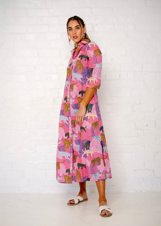 Betty Button dress, Pink Leopard