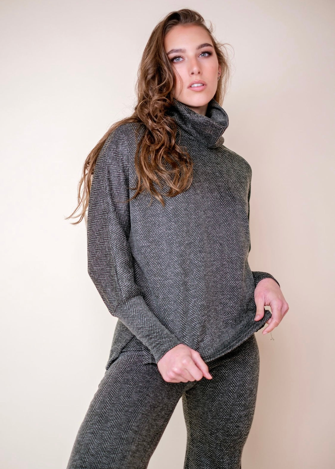 Cosy Cowl Top Olive and Grey with Black