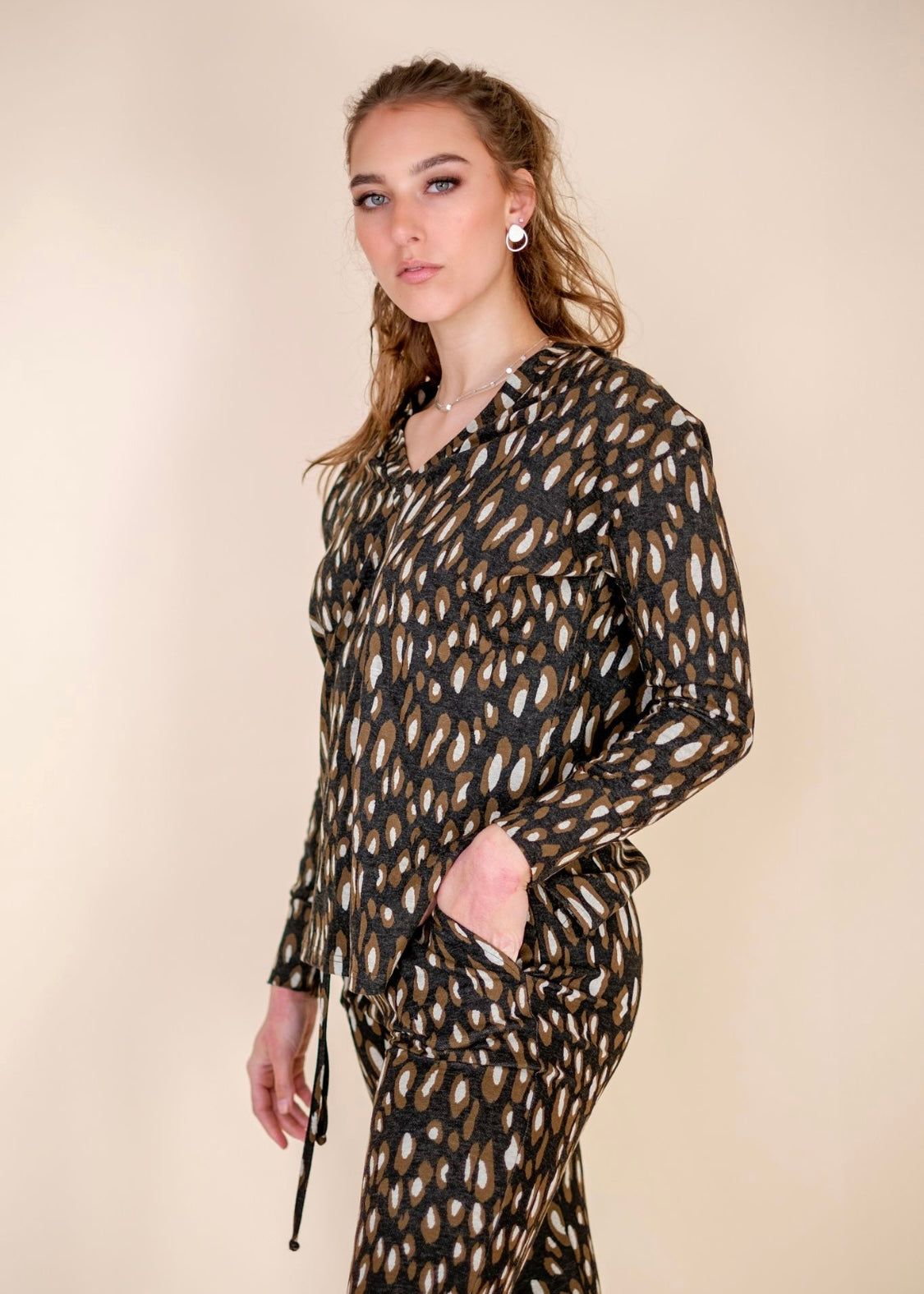 Terry Cuffed Pants,  Brown Animal Print