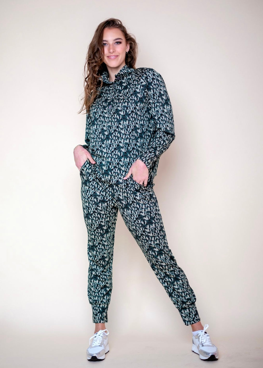 Terry Cuffed Pants, Black and Emerald Leaves