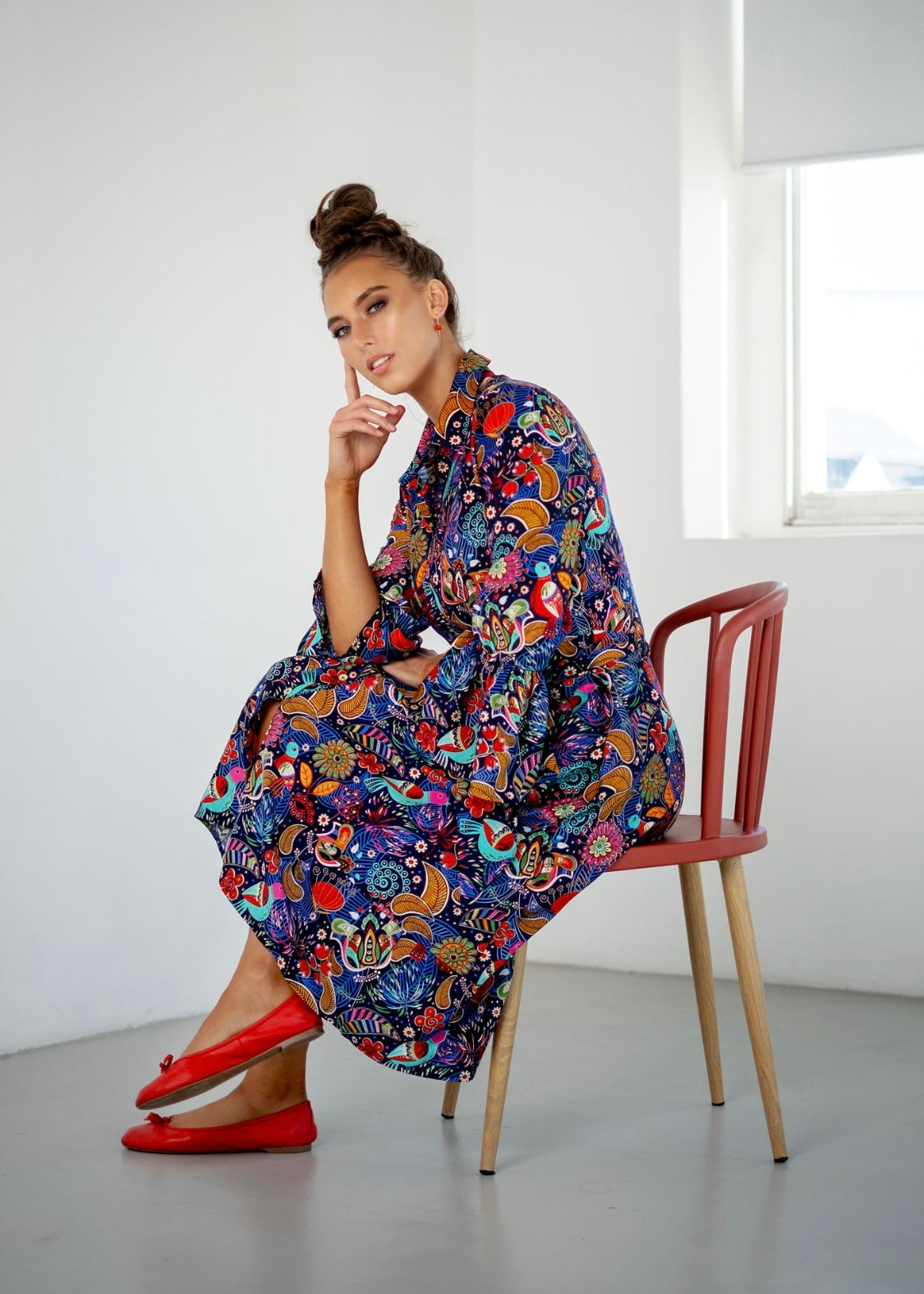 Jewel Dress, Blue with red birds