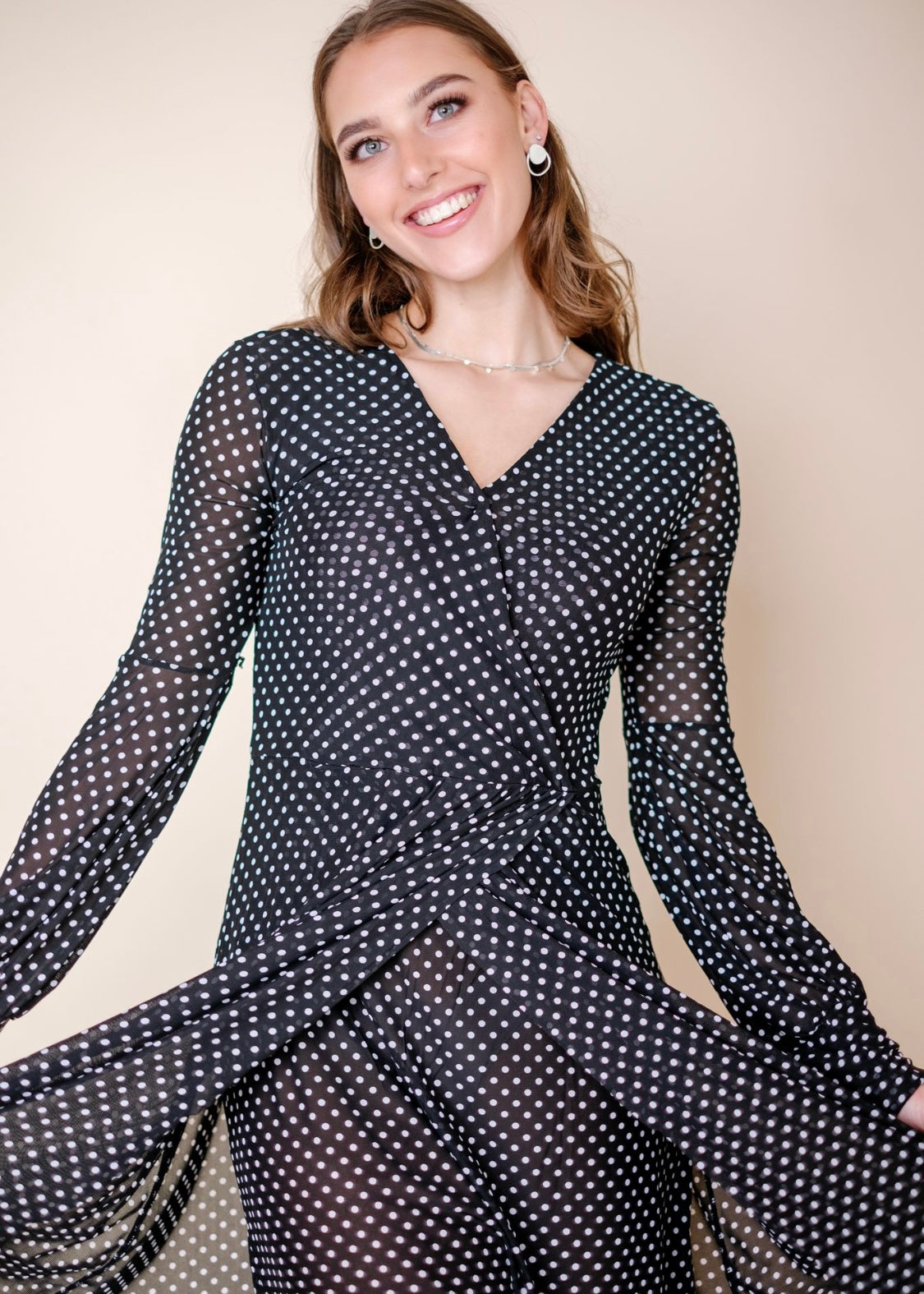 Asymmetrical wrap dress, black & white polkadots