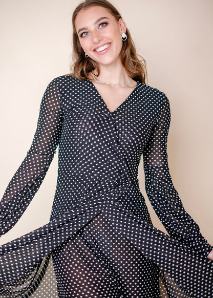 Asymmetrical wrap dress, black & white polkadots