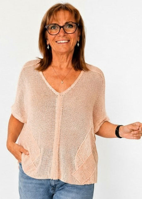 Riviera Summer Knit Top with Pockets in Peach