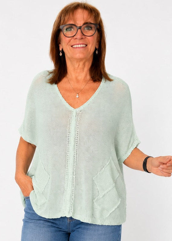 Riviera Summer Knit Top with Pockets in Mint